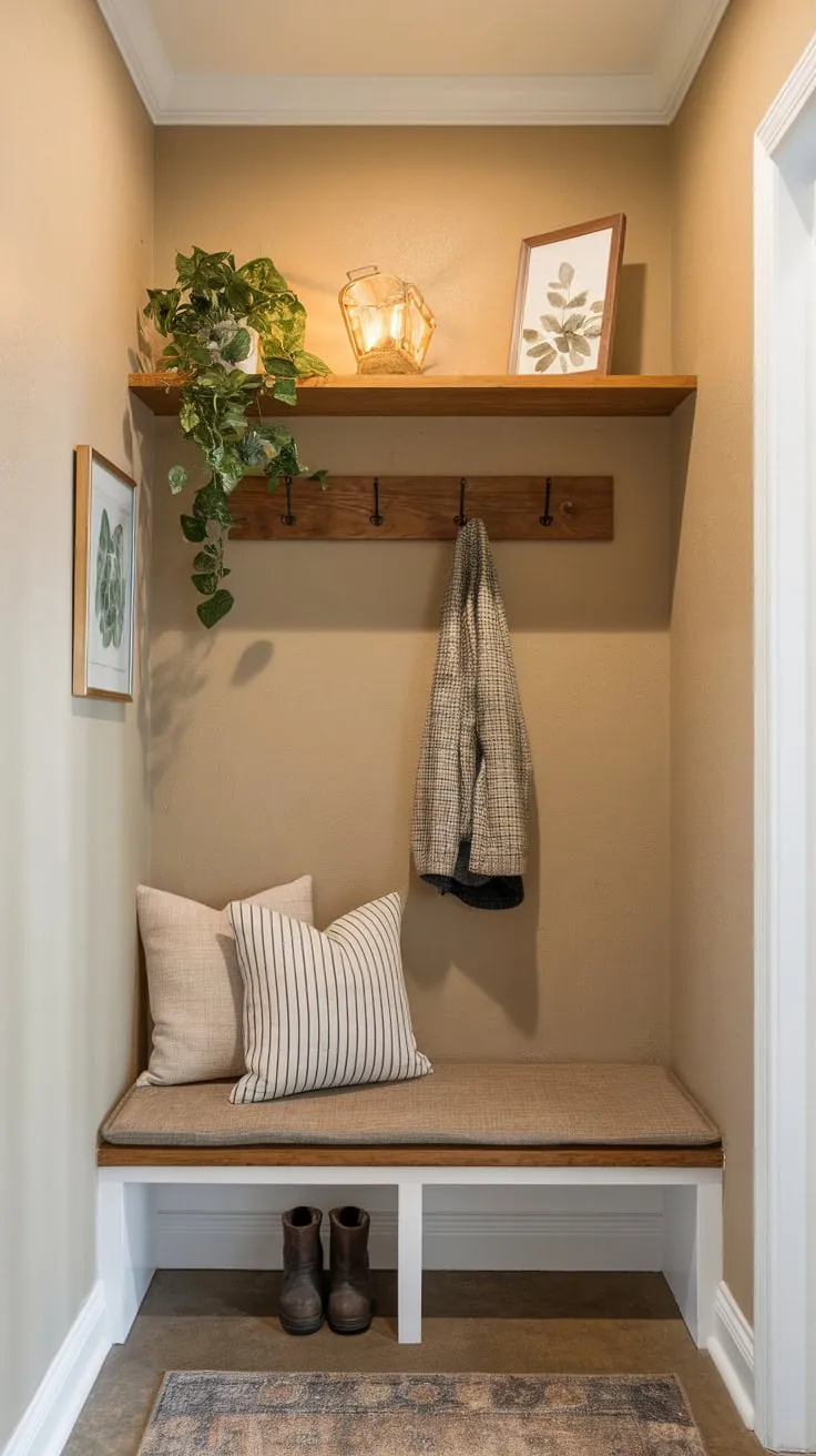 A small, inviting hallway entryway boasts a rustic bench, decorative shelf, and soft lighting transforming a narrow space into a functional mudroom.