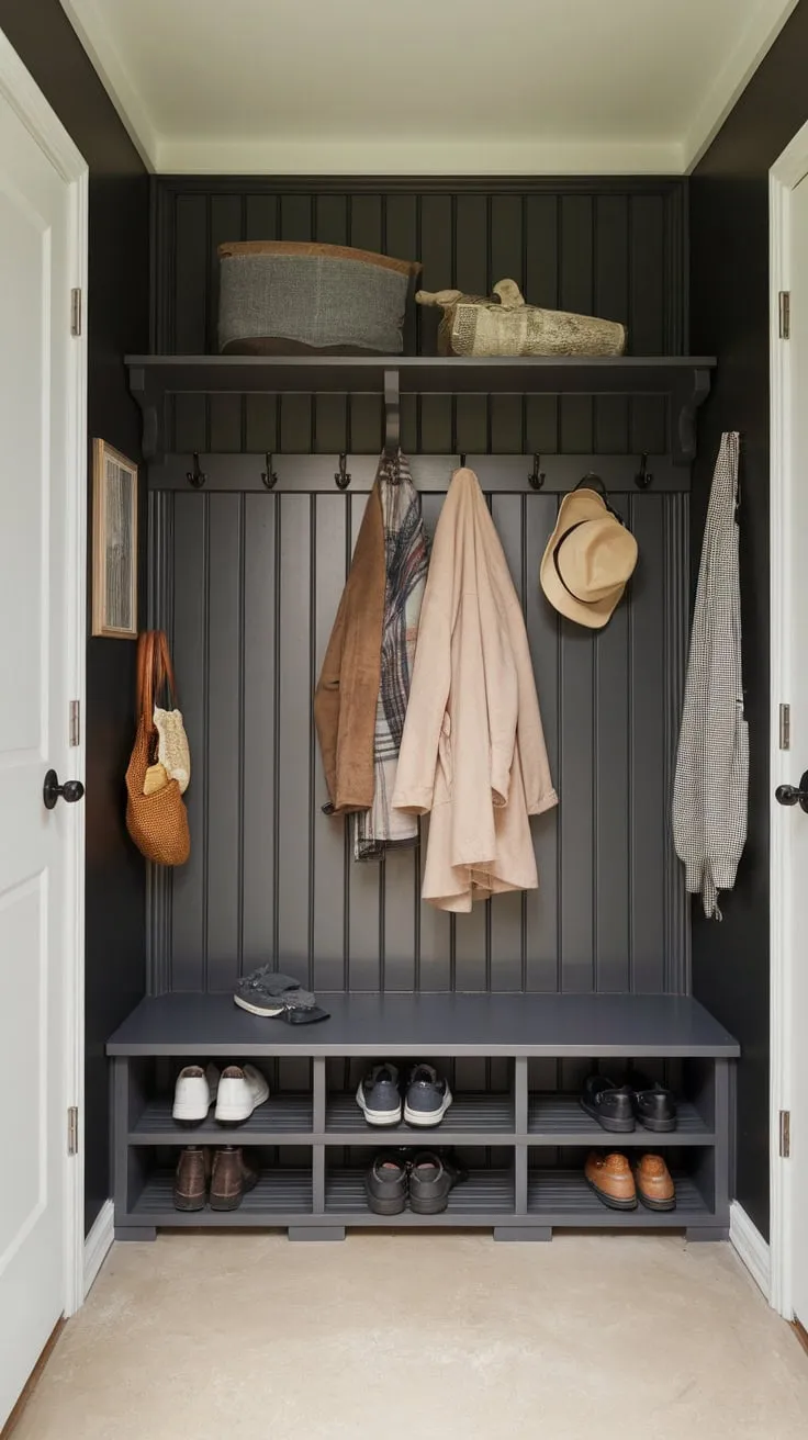 A dark-walled hallway entrance boasts a cozy mudroom aesthetic with coats, hats, shoes, and charming wall décor.