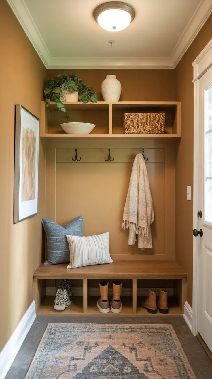 A warm beige hallway welcomes you with a rustic mudroom bench, charming shelves, and a cozy rug, creating an inviting entrance.