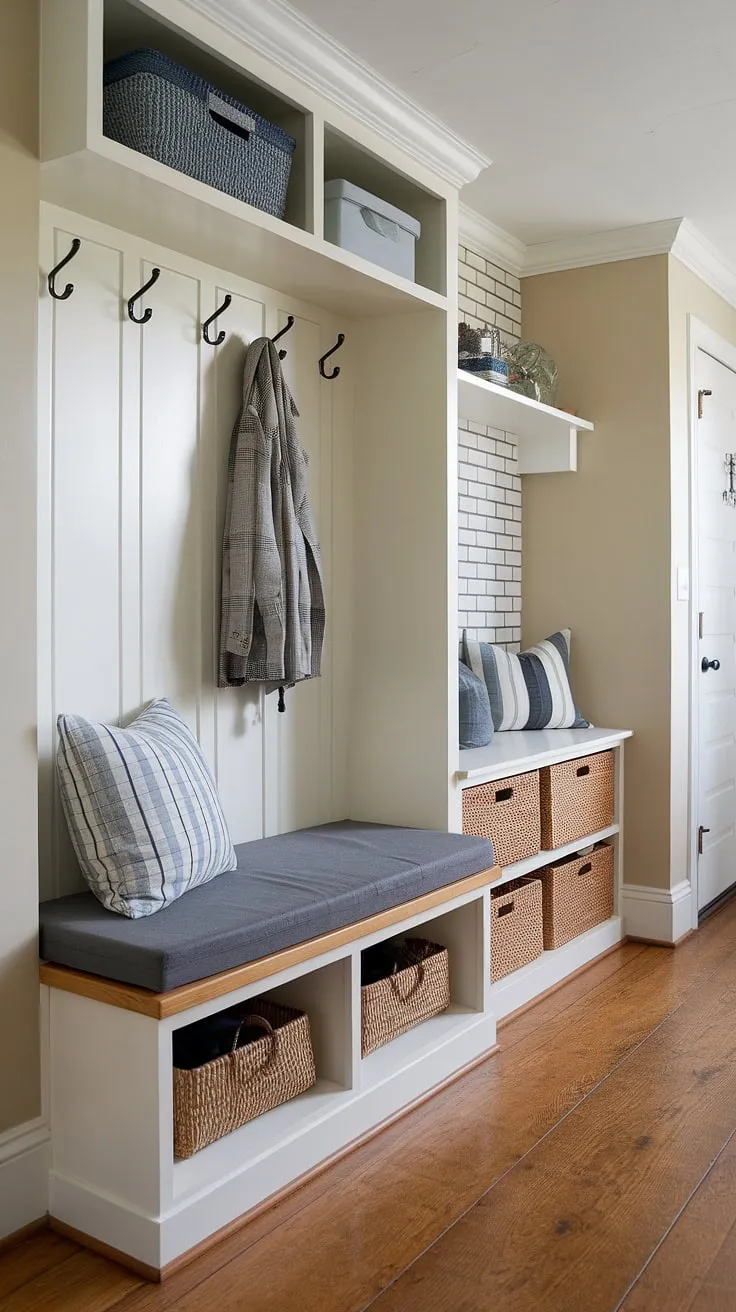 Step into effortless organization with this foyer storage bench.  Perfect for an open concept front entry or a narrow hallway entryway, this design cleverly incorporates entrance shoe and coat storage ideas.  The split entry shoe storage beneath provides ample space, while the overhead rack keeps coats tidy.  A perfect example of best shoe storage ideas entryway for maximizing space in any home, big or small.