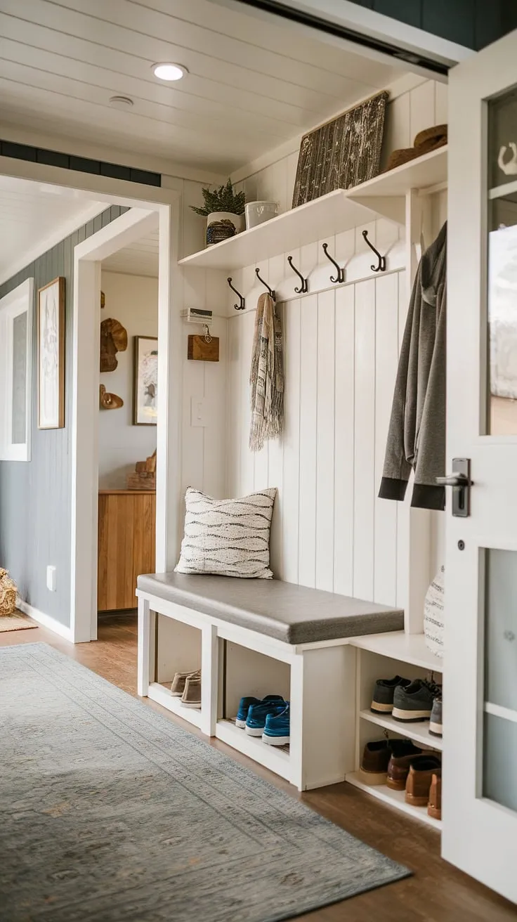 This tiny home entryway proves that big style doesn't require big space. The open concept front entry leads to a hallway entryway thoughtfully designed with foyer entryway storage solutions. A built-in foyer storage bench provides seating and hides shoes, while a nearby coat shoe storage entrance keeps everything organized.  Discover brilliant entryway decor storage and best shoe storage ideas entryway, all within this efficient split entry shoe storage setup.  The perfect blend of form and function in a tiny home entryway.