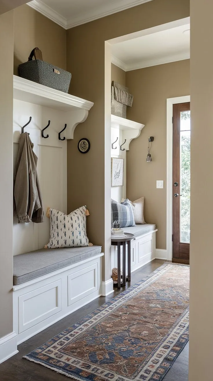 This split-level entryway maximizes space with clever storage solutions.  The hallway and foyer, both boasting a comfy storage bench and coat hooks, offer ample coat shoe storage entrance, addressing the challenge of even a tiny home entryway.  This open concept front entry design provides the best shoe storage ideas entryway, seamlessly blending functionality with style.  The foyer storage bench and thoughtful entryway decor storage make a statement, proving that even split entry shoe storage can be elegant and efficient.