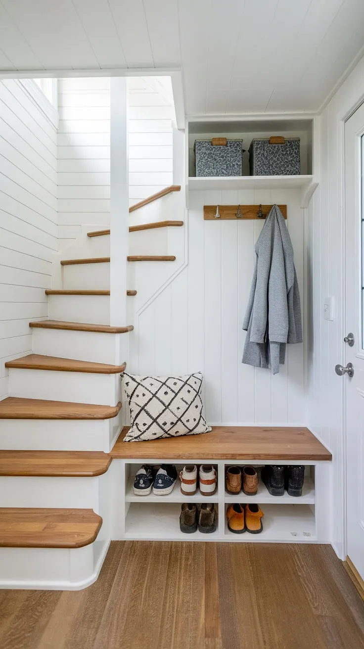 Step into this charming tiny home entryway, where clever design maximizes space.  The split-level layout features a foyer storage bench with hidden coat and shoe storage, showcasing the best shoe storage ideas for entryways. This hallway entryway boasts efficient entrance shoe and coat storage ideas, making it the perfect blend of functionality and style.  The open concept front entry and entryway decor storage solutions create a welcoming atmosphere.