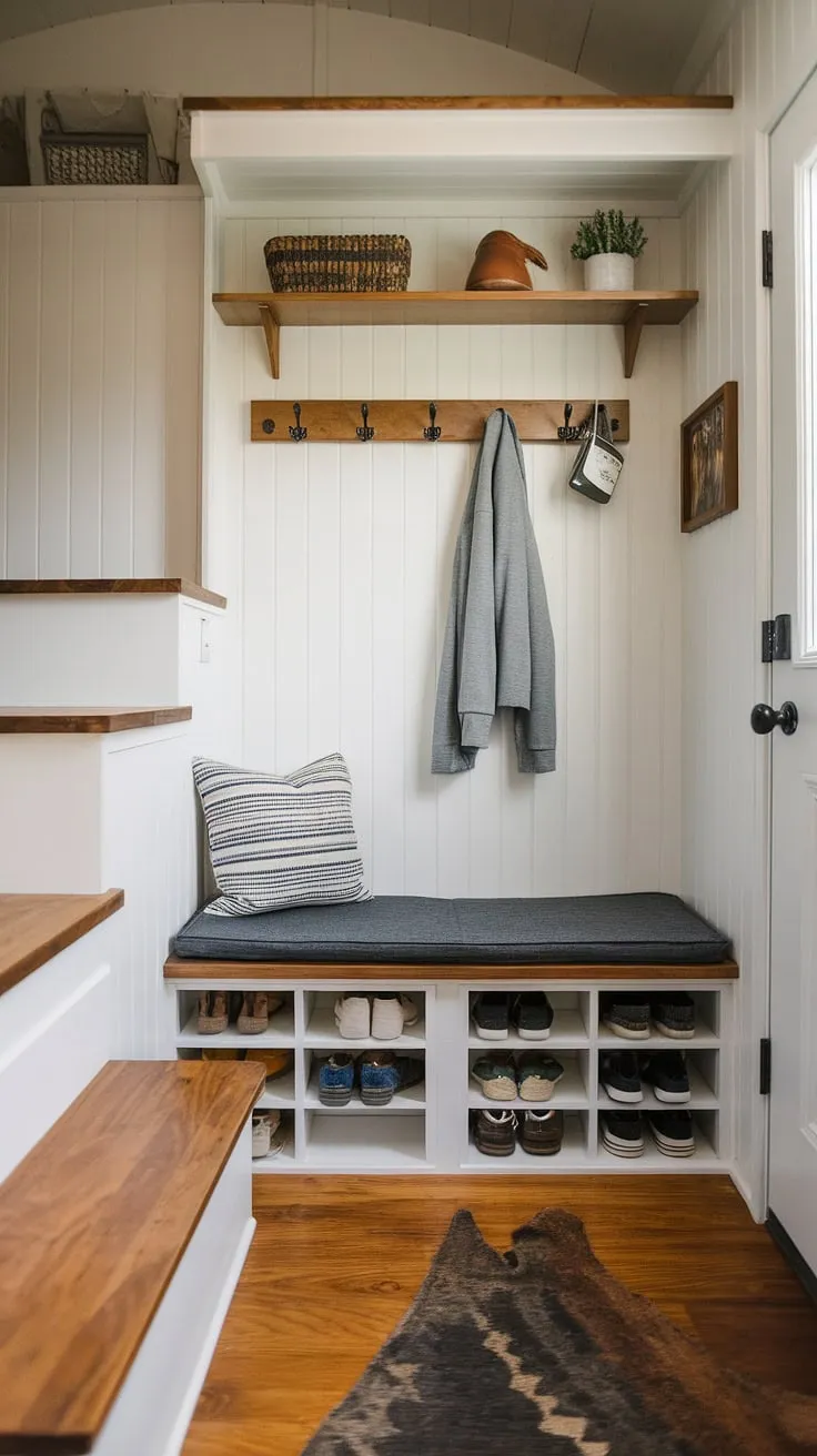 Maximize your tiny home's entrance with this ingenious split entry shoe storage solution.  The foyer storage bench provides comfortable seating and ample hidden shoe storage, complemented by a coat rack above and additional shelving. This hallway entryway is a masterclass in coat shoe storage entrance organization, offering the best shoe storage ideas entryway and practical entrance shoe and coat storage ideas.  The rustic wood flooring and open concept front entry create a welcoming and stylish entryway decor storage space.