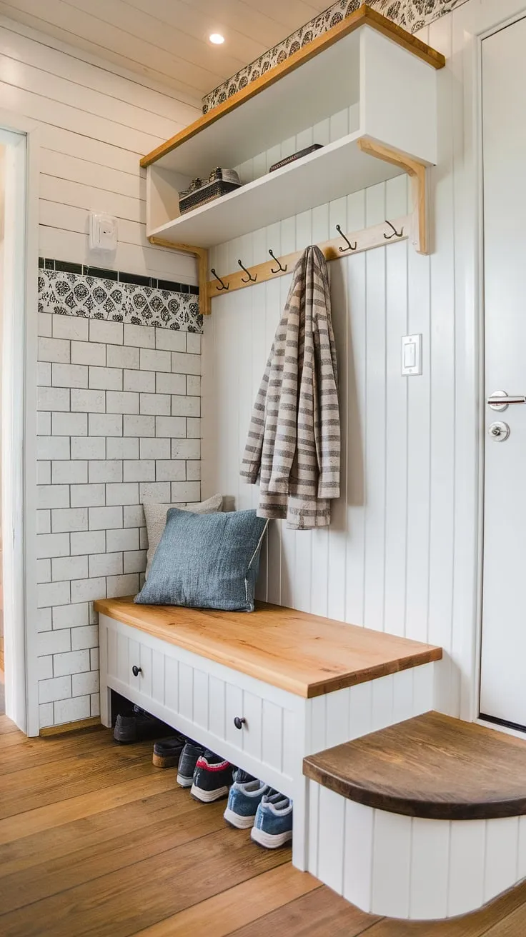 Maximize space and style in this tiny home entryway.  This split-level design cleverly combines a foyer storage bench for shoes and a wall-mounted shelf, offering the best shoe storage ideas entryway for a clutter-free entrance.  The open concept front entry feels spacious despite its compact size, showcasing smart solutions for coat shoe storage entrance and entryway decor storage.