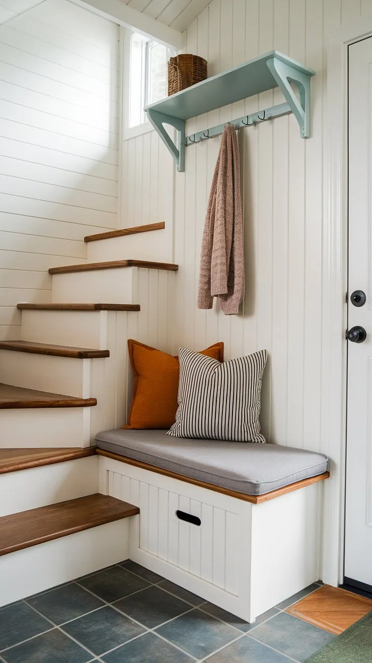 Maximize your tiny home's entrance with this ingenious design.  This hallway entryway features a split-level foyer that cleverly incorporates foyer storage bench seating and a coat rack, providing ample coat shoe storage entrance.  The open concept front entry feels surprisingly spacious, demonstrating some of the best shoe storage ideas entryway and practical entrance shoe and coat storage ideas.  This tiny home entryway is a testament to efficient entryway decor storage and smart split entry shoe storage solutions.