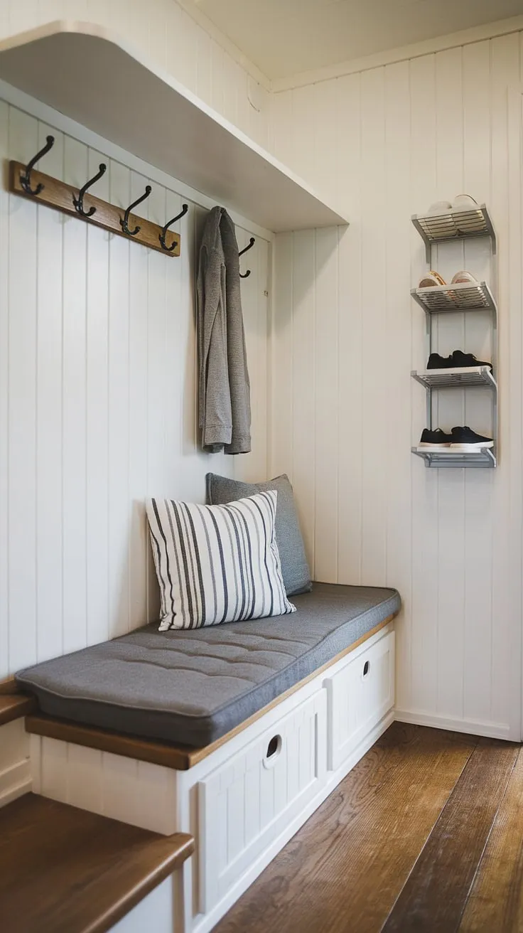 Maximize space and style in this tiny home entryway.  The split-level design cleverly incorporates a foyer storage bench, coat shoe storage entrance, and a narrow shelf, offering the best shoe storage ideas entryway for a clutter-free hallway entryway.  This open concept front entry showcases ingenious entrance shoe and coat storage ideas, proving that even the smallest spaces can boast impressive entryway decor storage and a welcoming foyer.