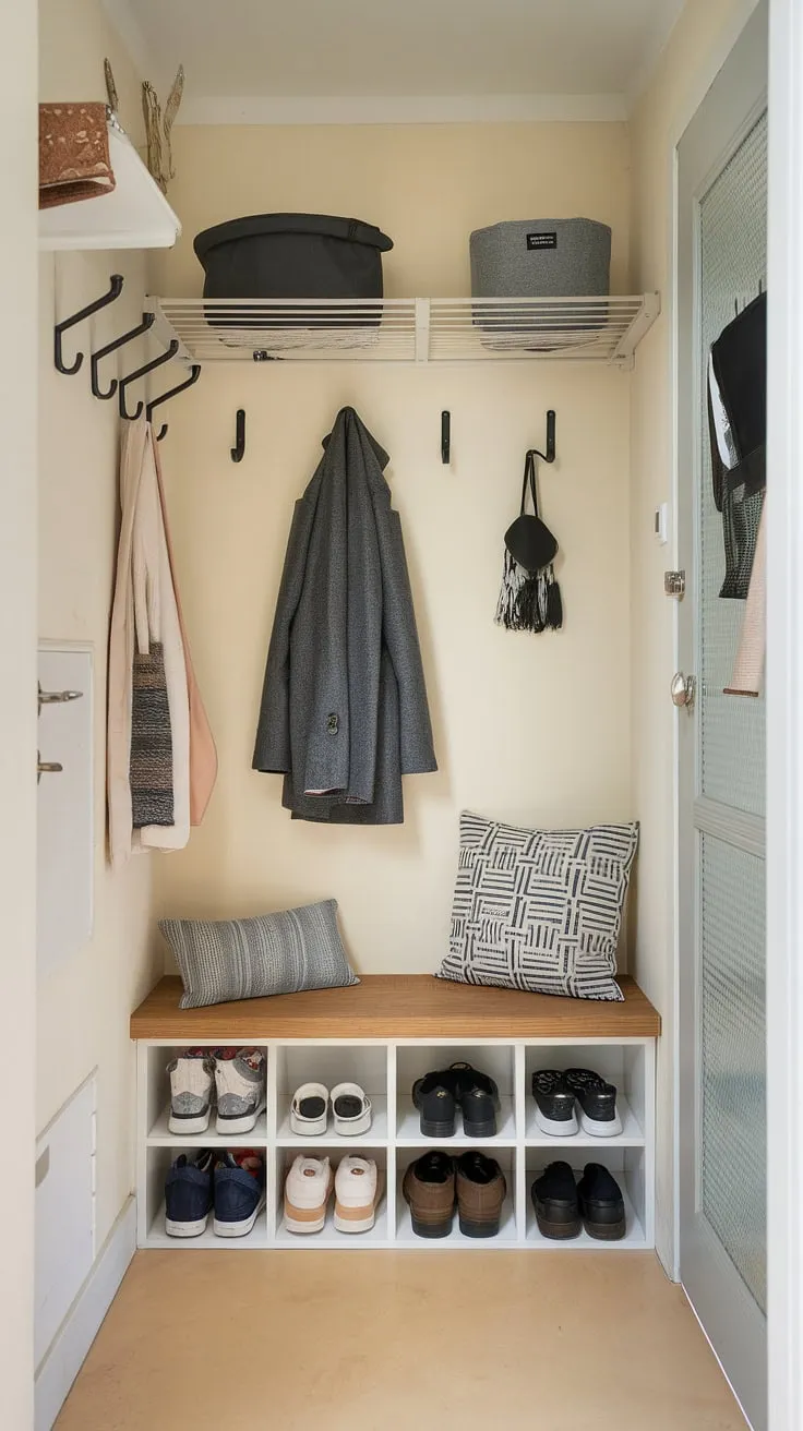 Step into effortless organization with this tiny home entryway.  This hallway entryway boasts a stylish foyer storage bench and thoughtful coat shoe storage entrance.  The design showcases some of the best shoe storage ideas entryway, with additional hooks for coats and shoes.  Clever entrance shoe and coat storage ideas are combined with charming entryway decor storage, creating a functional and beautiful open concept front entry.  The split entry shoe storage is a space-saving marvel.