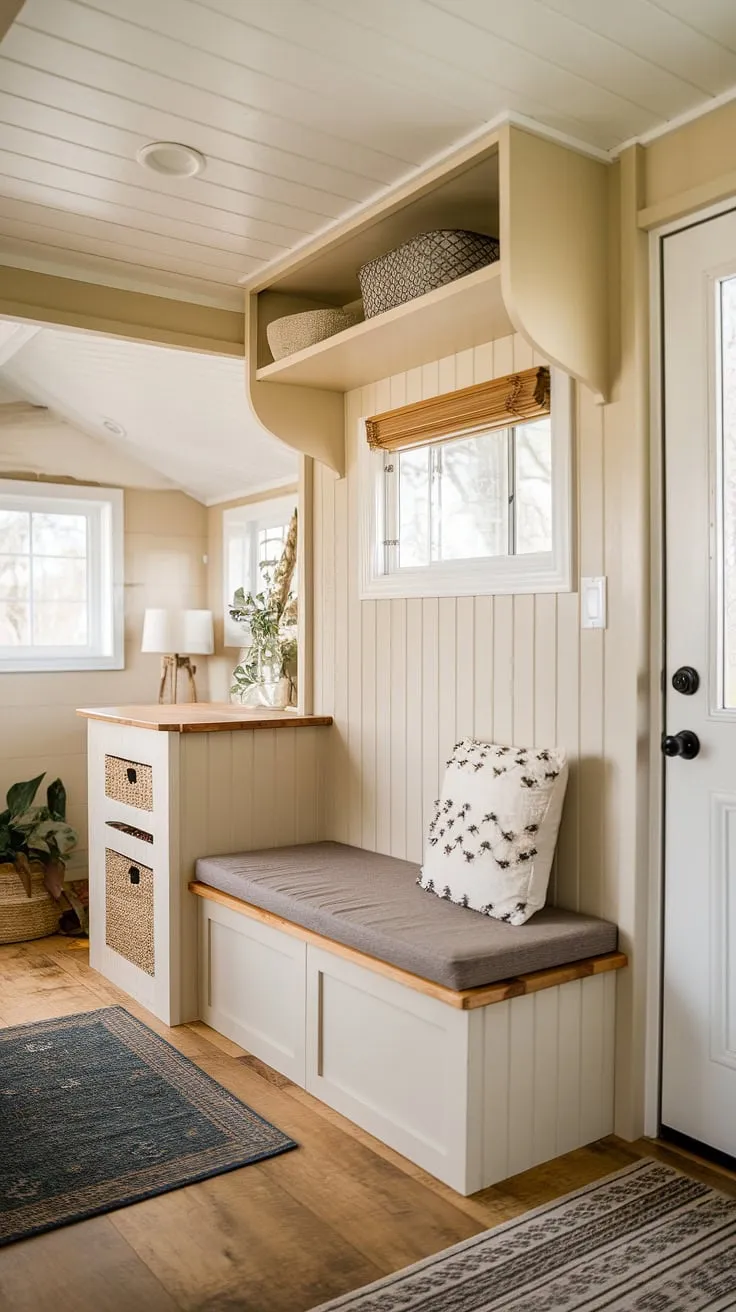 Maximize your tiny home's entrance with this ingenious foyer entryway storage solution.  The split-level design incorporates a foyer storage bench with ample space for shoes and coats, addressing entrance shoe and coat storage ideas beautifully.  The upper level offers a glimpse into the home beyond, while the hallway entryway remains clutter-free thanks to this clever use of space.  This is the ultimate in best shoe storage ideas entryway, perfect for any tiny home.