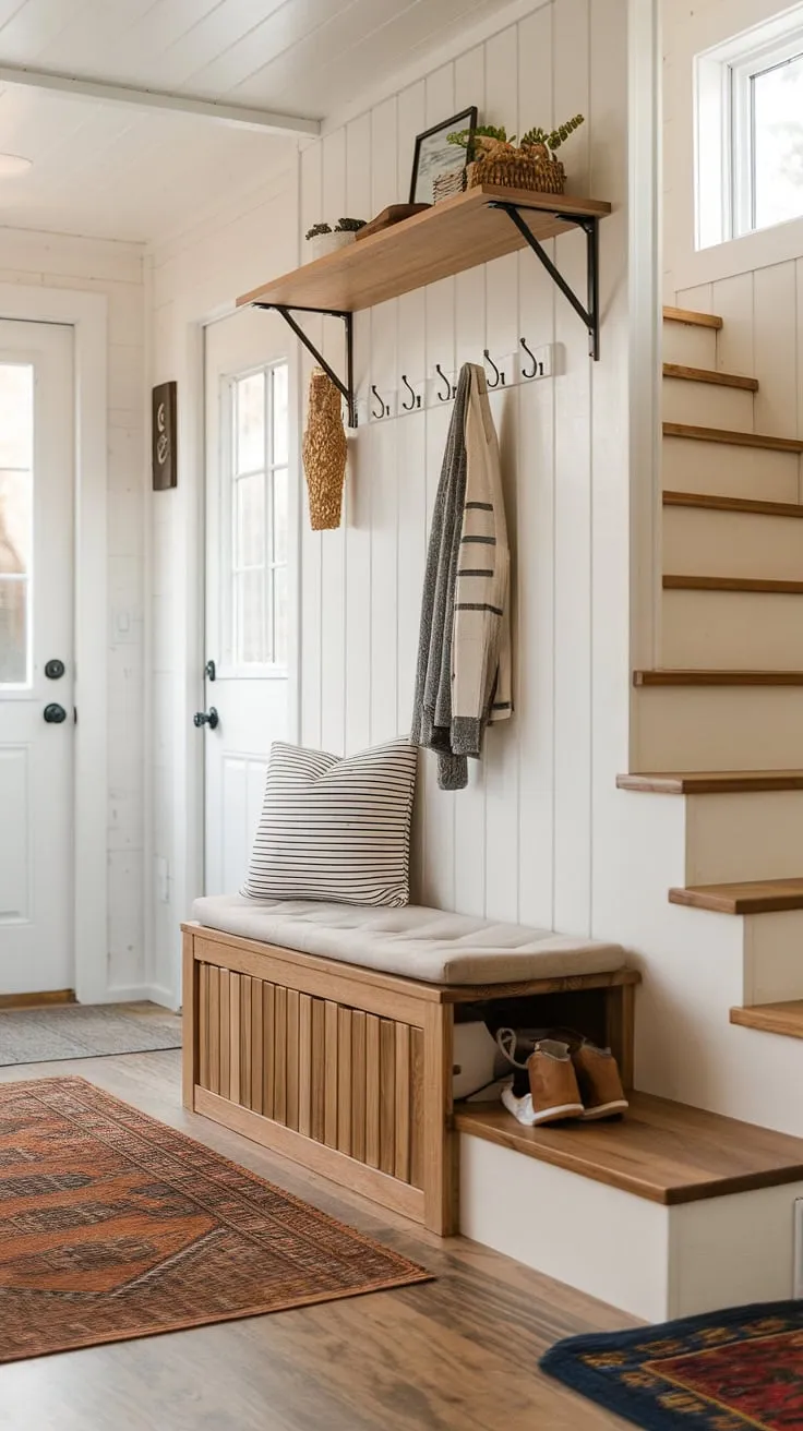 Clever storage solutions transform this tiny home entryway into a functional and inviting space.  The split entry shoe storage under the stairs, combined with the foyer storage bench and wall-mounted shelves, offers practical entrance shoe and coat storage ideas. This hallway entryway's design proves that even a small foyer entryway storage area can be both stylish and efficient.