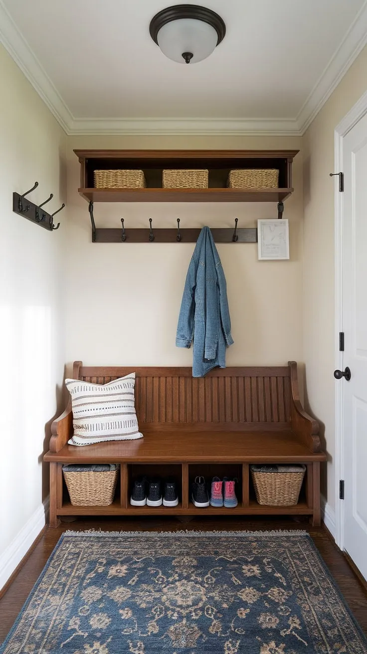 Maximize your tiny home entryway with this smart coat shoe storage entrance.  This entrance shoe and coat storage ideas solution combines a stylish foyer storage bench with ample shelving and baskets for ultimate organization.  The split entry shoe storage design is perfect for even the smallest spaces, transforming your hallway entryway into a functional and beautiful foyer entryway storage area.  This entryway decor storage setup proves that even limited space can be stylish and efficient.