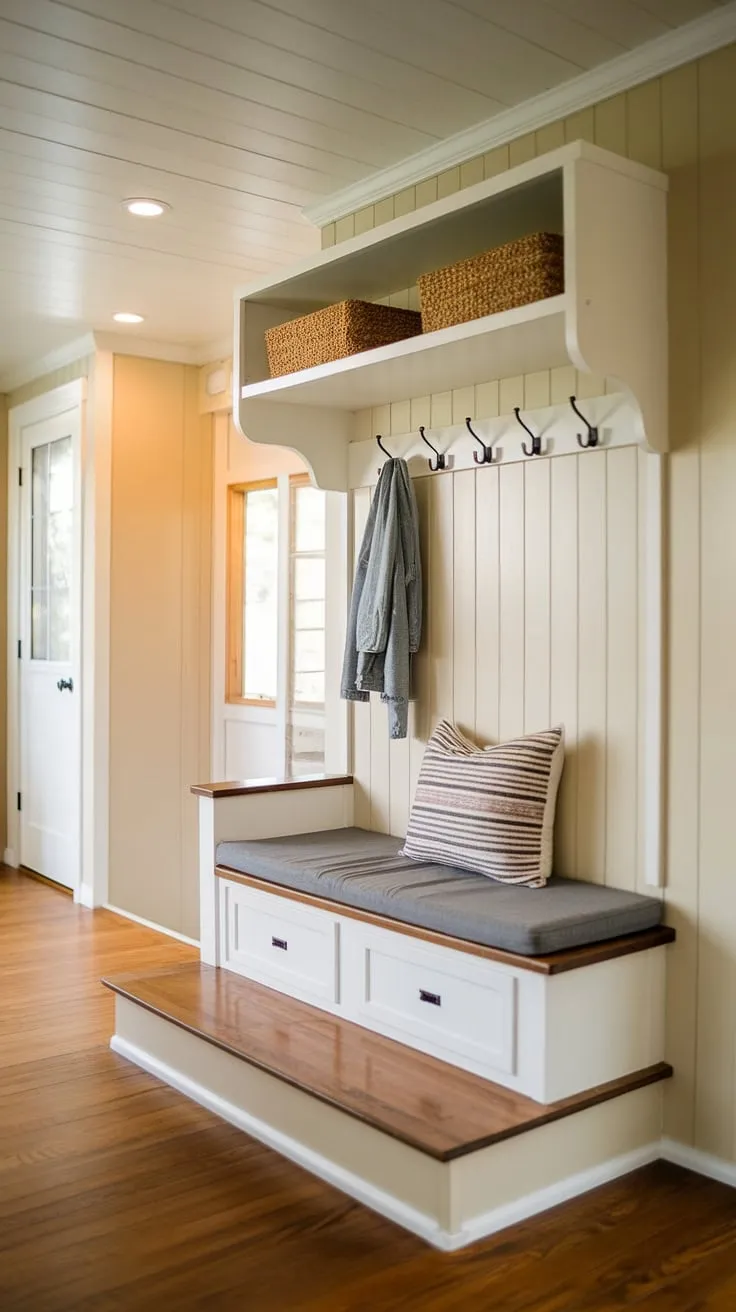 Step into cozy functionality with this tiny home entryway.  The split-level design maximizes space, offering a foyer storage bench for shoes and a coat rack above, plus extra shelving.  Clever solutions for coat shoe storage entrance, this showcases the best shoe storage ideas entryway and provides ample entrance shoe and coat storage ideas.  The open concept front entry feels welcoming and bright, proving that even the smallest spaces can boast stylish entryway decor storage and a split entry shoe storage solution.