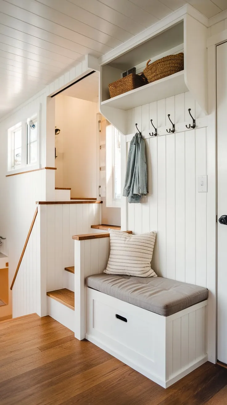 Step into this bright and airy tiny home entryway, where clever design maximizes space.  The split-level hallway leads to a welcoming foyer featuring a practical foyer storage bench with cushion, perfect for coat shoe storage entrance.  Above, a shelf and wall hooks offer additional entryway decor storage, showcasing the best shoe storage ideas entryway for a streamlined and organized entrance shoe and coat storage ideas. This split entry shoe storage solution proves that even a tiny home entryway can boast an open concept front entry with ample functionality.