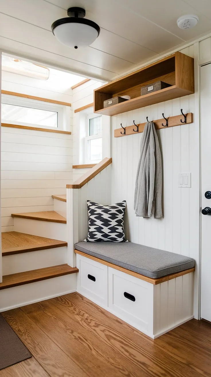 Maximize space and style in this tiny home entryway.  The split foyer design cleverly incorporates a foyer storage bench with a shelf above, providing ample coat shoe storage entrance solutions. This hallway entryway showcases the best shoe storage ideas entryway, offering practical entrance shoe and coat storage ideas within a charming open concept front entry.