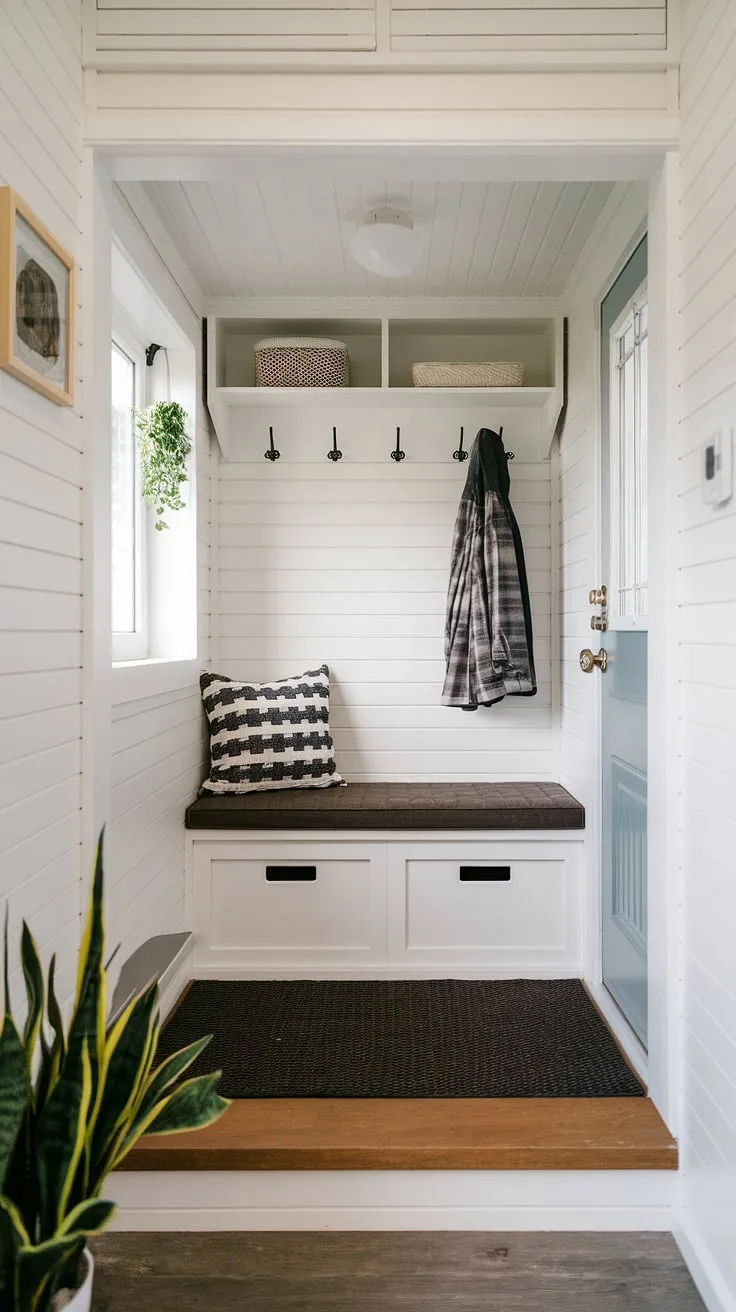 Step into organized bliss! This tiny home entryway boasts a clever split-level design maximizing space.  The foyer entryway storage solution includes a foyer storage bench with built-in storage, a shelf above, and a coat rack, offering the best shoe storage ideas entryway and entrance shoe and coat storage ideas.  The dark rug anchors the open concept front entry, while the plant adds a touch of life. This split entry shoe storage and entryway decor storage solution proves that even the smallest spaces can be stylish and functional.