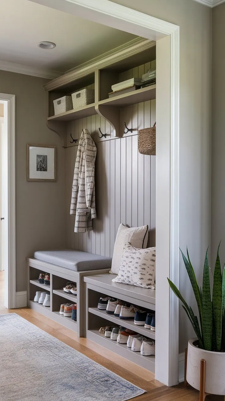 This split entryway maximizes space with clever storage solutions.  The hallway entryway features a built-in bench with coat rack and shelving, providing ample coat shoe storage entrance.  Meanwhile, the foyer entryway storage boasts a stylish shoe storage bench with additional shelving, offering the best shoe storage ideas entryway for even a tiny home entryway.  This open concept front entry is a masterclass in entrance shoe and coat storage ideas and entryway decor storage, showcasing a perfect split entry shoe storage solution.