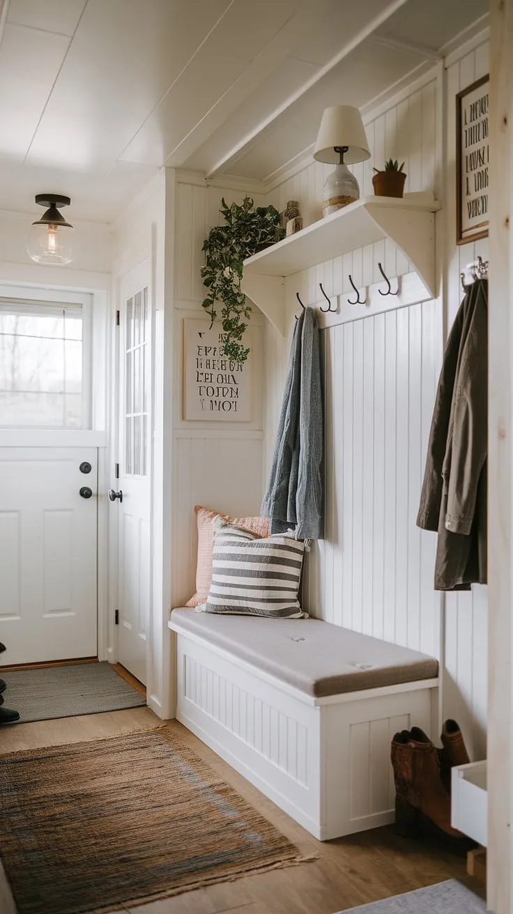 Maximize your tiny home entryway with this inspiring design.  This hallway entryway and foyer entryway storage solution cleverly combines functionality and charm.  A built-in foyer storage bench with a cushion offers seating and hidden storage, while a nearby coat rack and shelf provide ample space for coats, shoes, and accessories.  This split entry shoe storage setup is a brilliant example of best shoe storage ideas entryway and entrance shoe and coat storage ideas.  The entryway decor storage complements the open concept front entry, creating a welcoming and organized space.