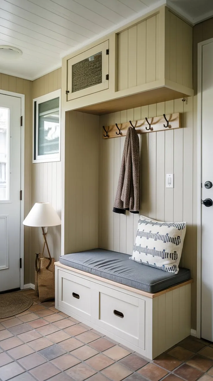 Step into this charming tiny home entryway, where clever design maximizes space.  The split-level hallway entryway features a foyer storage bench perfect for shoes and coats, offering a stylish solution for coat shoe storage entrance.  This best shoe storage ideas entryway showcases how even the smallest space can boast ample entrance shoe and coat storage ideas.  The added closet above provides extra entryway decor storage, making this split entry shoe storage a dream come true.