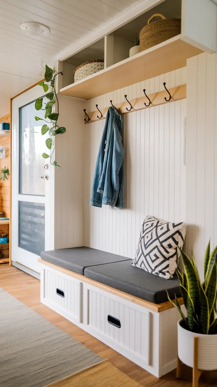 Maximize space and style in this tiny home entryway.  The split-level design cleverly combines a foyer storage bench for shoes and coats with upper shelving, offering the best shoe storage ideas for a small space. This hallway entryway showcases smart entrance shoe and coat storage ideas, perfect for an open concept front entry.  The entryway decor storage solution effortlessly blends functionality and charm.