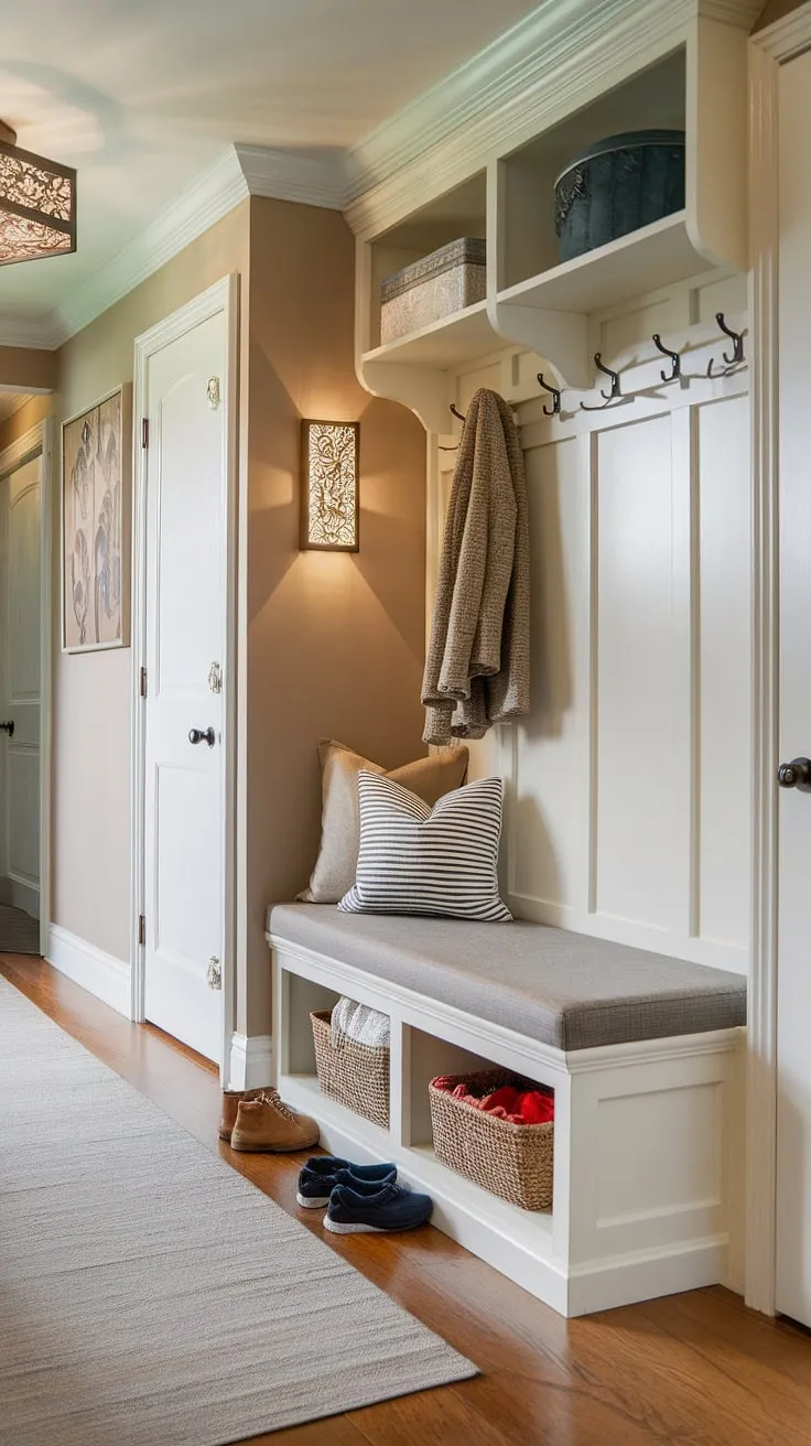 This elegant entryway showcases the timeless beauty of art deco wainscoting, extending from floor to high ceiling.  The beige half panel wainscoting against the light grey walls creates a sophisticated atmosphere, offering inspiration for wainscoting ideas in foyers and hallways.  The decorative wall trim adds a touch of grandeur, making it a perfect example of wainscoting for short walls and high ceiling wainscoting.  Consider this entryway wainscoting for your own home.