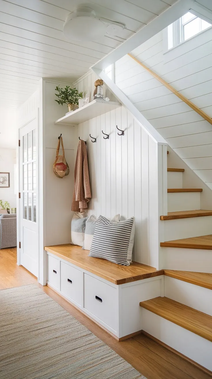 This tiny home entryway maximizes space with a clever split-level design.  The foyer storage bench provides ample coat shoe storage entrance, while the upper level creates a welcoming landing.  This ingenious split entry shoe storage solution showcases the best shoe storage ideas entryway, offering both functionality and style.  The open concept front entry feels bright and airy, demonstrating how entryway decor storage can be both practical and aesthetically pleasing.