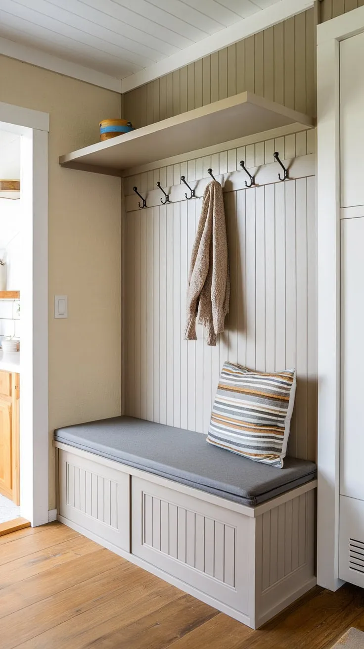 Smart storage solutions for a small space! This split entry shoe storage in a tiny home entryway features a foyer storage bench for shoes and a convenient coat rack above.  The entryway decor storage is both practical and aesthetically pleasing, offering the perfect blend of form and function in this hallway entryway.  This is a prime example of foyer entryway storage done right.
