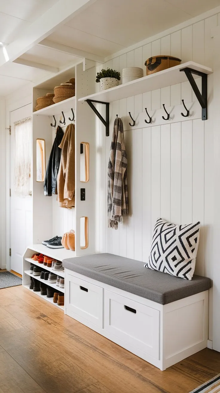 Maximize your tiny home's entryway with this inspiring design.  The open concept front entry leads to a hallway entryway boasting a practical foyer storage bench and clever coat shoe storage entrance.  Above the bench, a floating shelf adds to the entryway decor storage, while the split entry shoe storage keeps things organized.  This space showcases the best shoe storage ideas entryway and offers brilliant entrance shoe and coat storage ideas, proving that even a tiny home can have a stylish and functional foyer entryway storage solution.