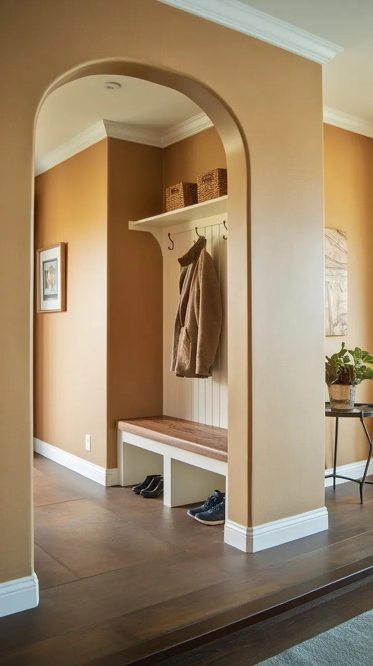 This split entryway cleverly maximizes space.  The hallway entryway leads to a practical foyer storage bench, perfect for coat shoe storage and showcasing the best shoe storage ideas entryway.  The adjacent room, a thoughtful addition to this open concept front entry, offers extra space, while the foyer storage bench provides convenient entrance shoe and coat storage ideas. Even in a tiny home entryway, smart entryway decor storage solutions like this make all the difference.