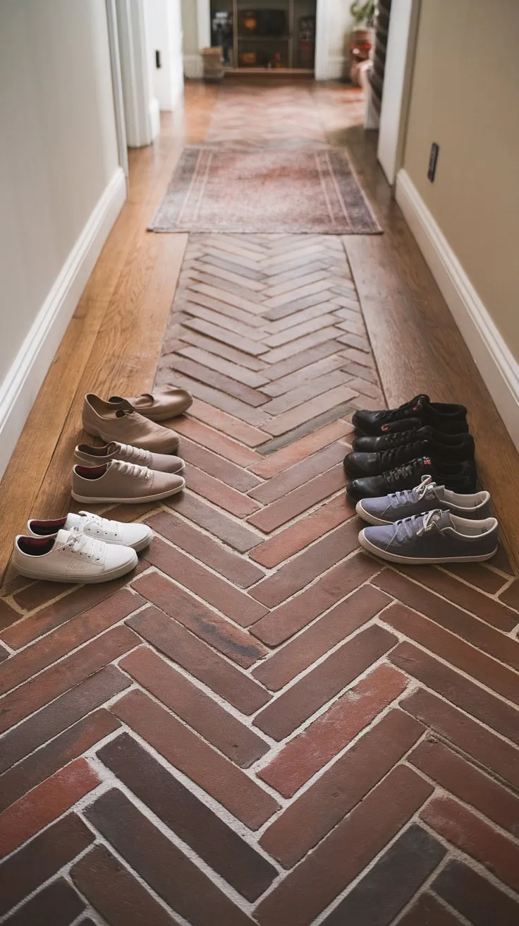 Warm light walls complement the elegant herringbone pattern of the brick and wood hallway flooring, enhanced by a centrally placed rug.