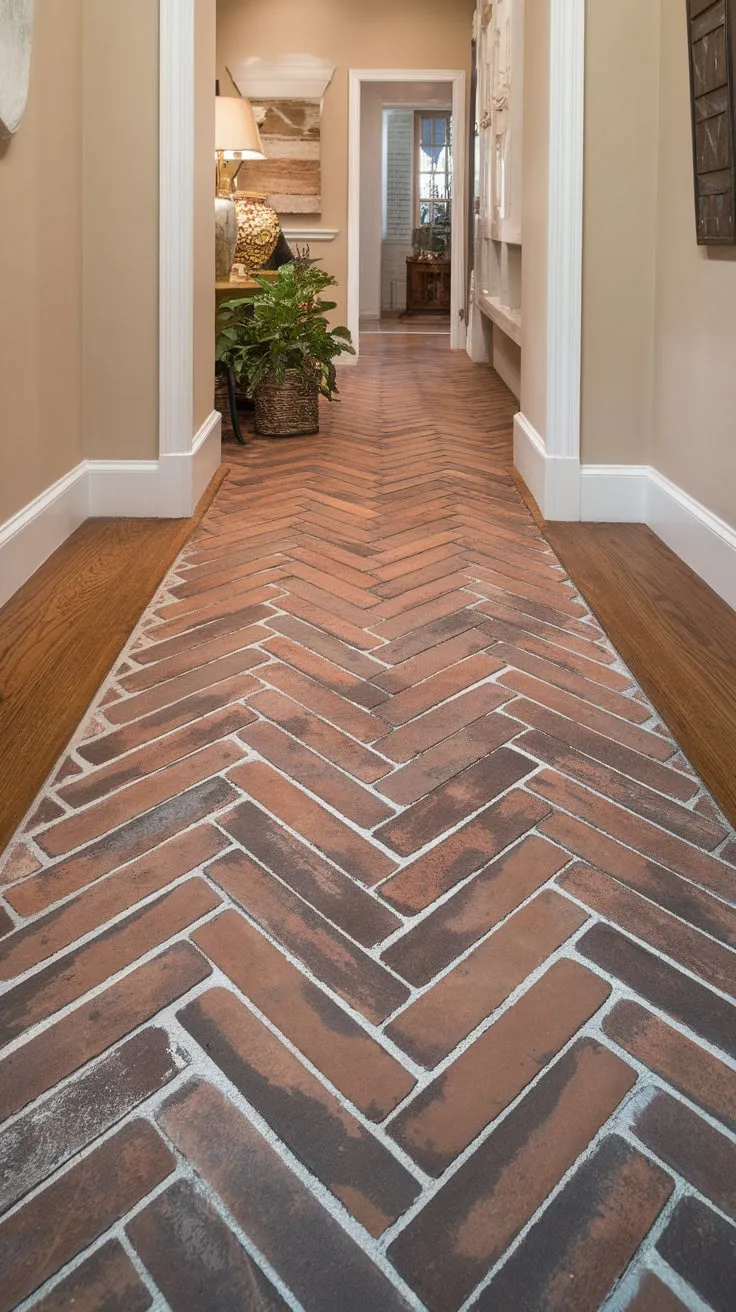 A stunning herringbone hallway and entryway floor blends distressed brick and natural wood tiles, creating a warm and inviting space.