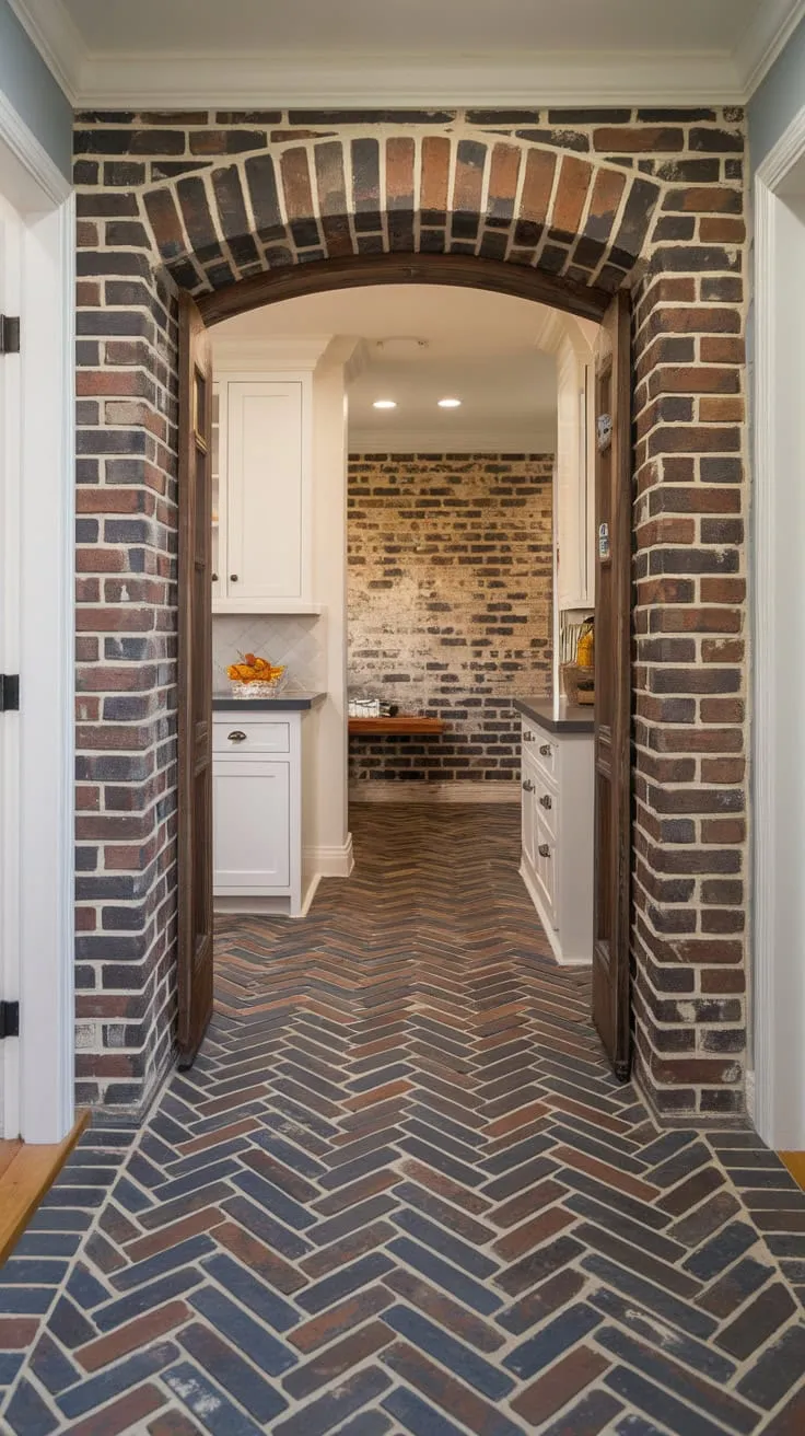 Herringbone tile flooring flows seamlessly from entryway to hallway and kitchen, creating a cohesive and stylish mudroom-inclusive design.