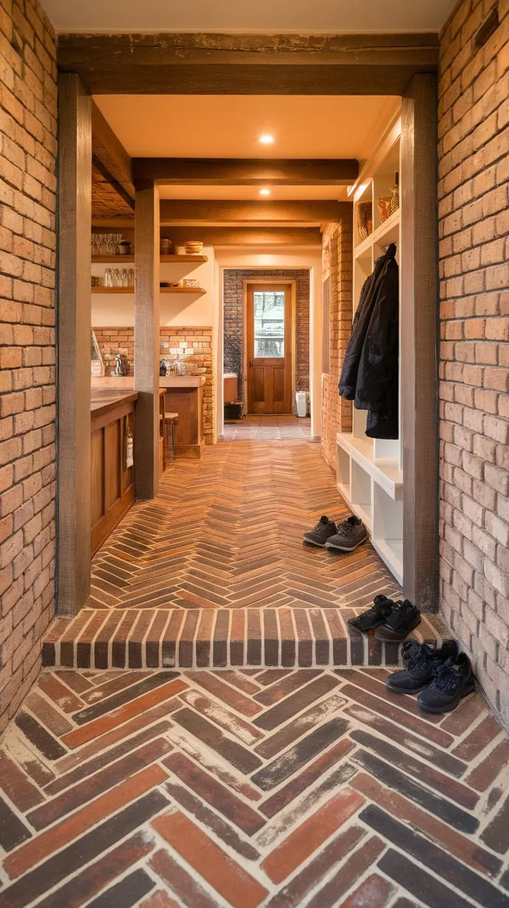 Warm lighting illuminates a rustic hallway, entryway, mudroom, and kitchen featuring a striking herringbone pattern of brick and wood flooring.