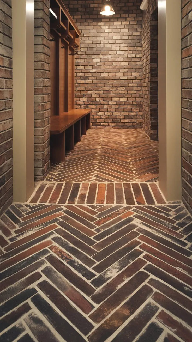Warm lighting enhances the rustic charm of a hallway and mudroom featuring herringbone brick and wood flooring