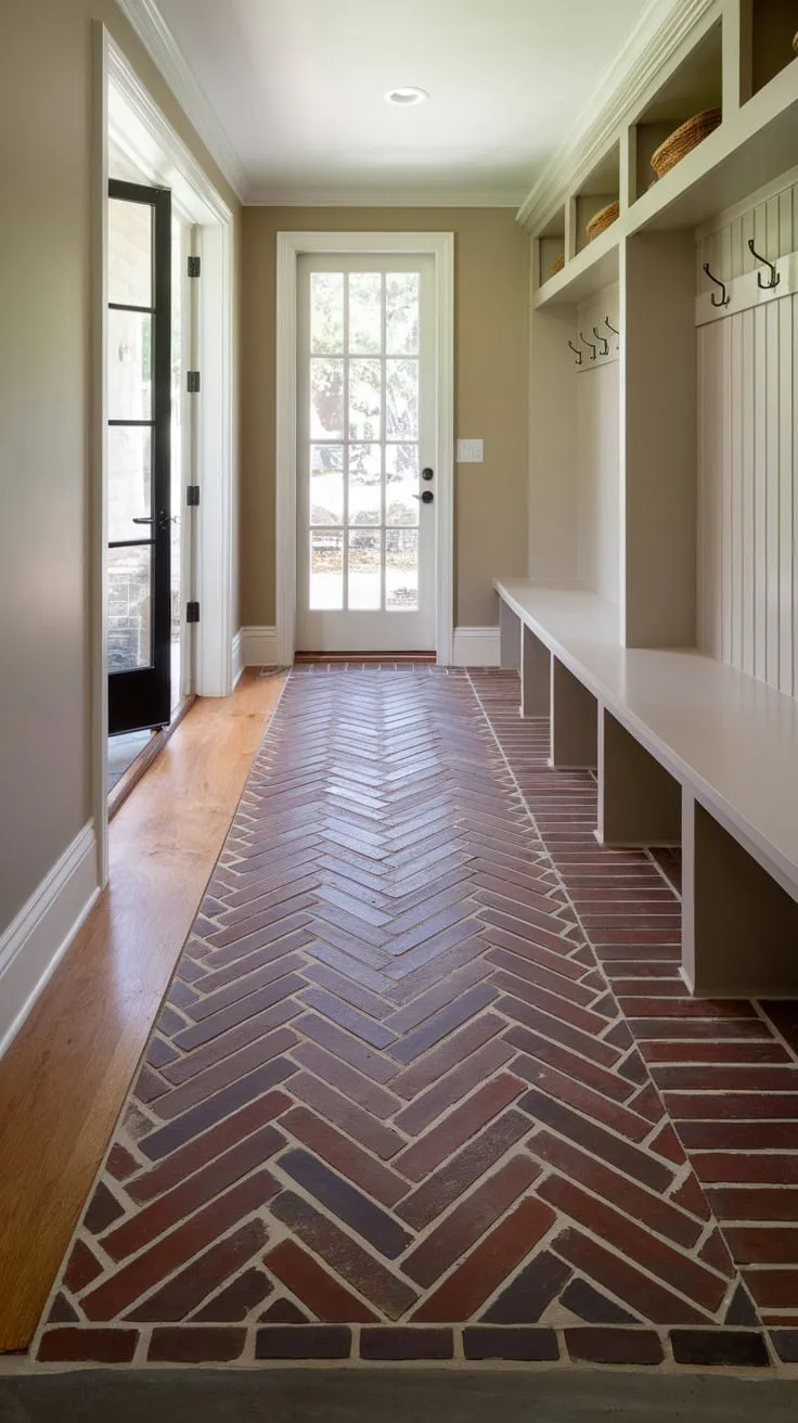 A stylish mudroom features a striking herringbone pattern of red brick and wood planks, creating a welcoming and functional entryway.