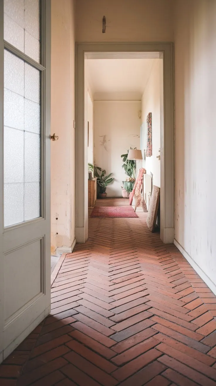 A charming hallway with a worn yet elegant herringbone brick floor in varying shades of red, accented by soft lighting and a few personal touches.
