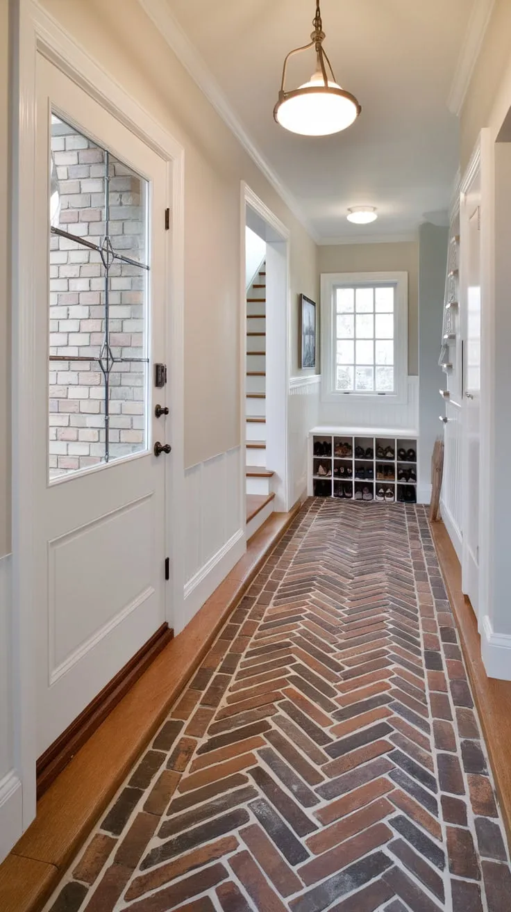 A stunning herringbone brick and wood floor flows seamlessly from hallway to entryway and mudroom, enhancing a home's stylish transition to a staircase beyond
