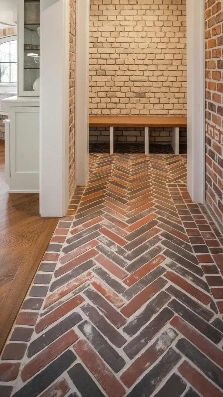 Rustic charm flows from herringbone brick and wood hallway flooring through mudroom and kitchen.
