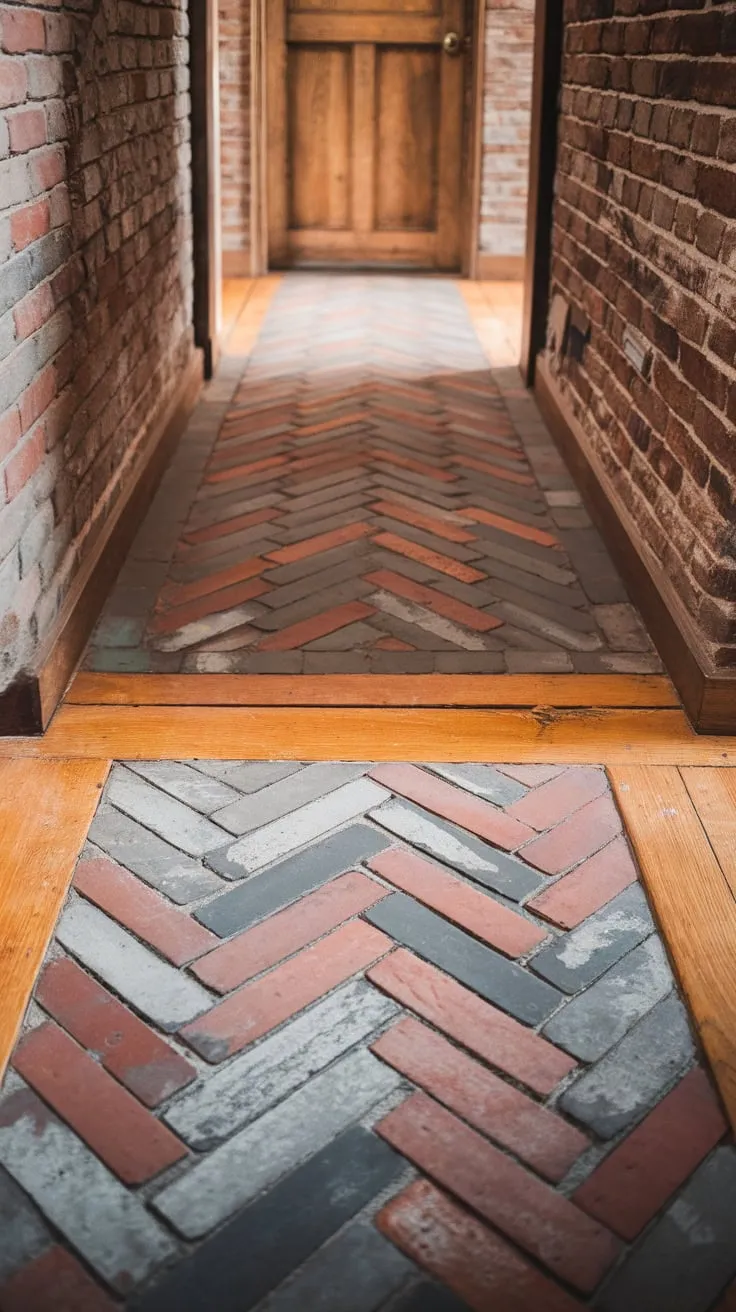 A worn yet charming hallway boasts a unique herringbone brick and wood floor, its aged texture hinting at stories within.