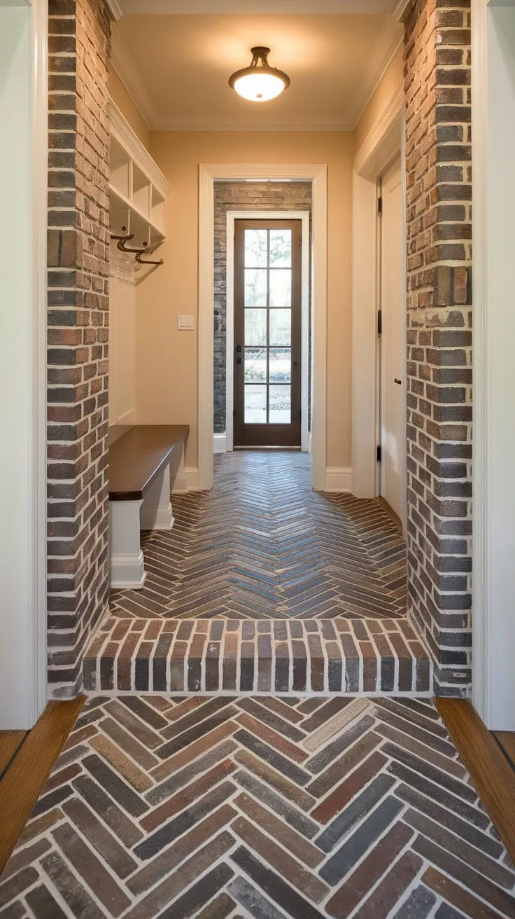 Warm rustic charm fills a hallway and mudroom, unified by a continuous herringbone brick floor leading to an exterior door