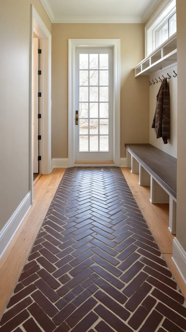 A herringbone pattern of rich red brick and light wood creates a stylish and durable mudroom floor.