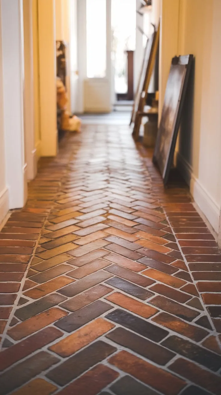 Warm lighting illuminates a welcoming hallway featuring unique herringbone flooring of brick and wood