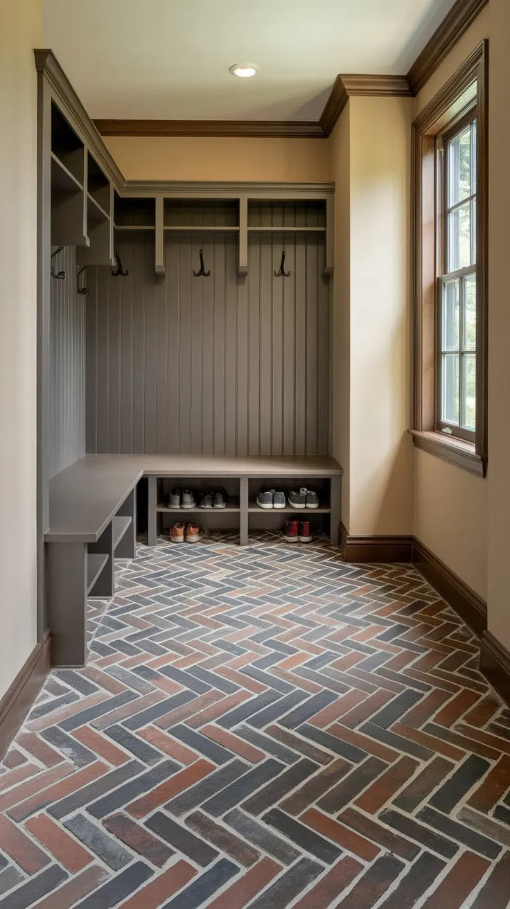 A herringbone brick and wood floor creates a warm and inviting entryway, hallway, and mudroom bathed in natural light and accented by a coat rack and shoe bench.