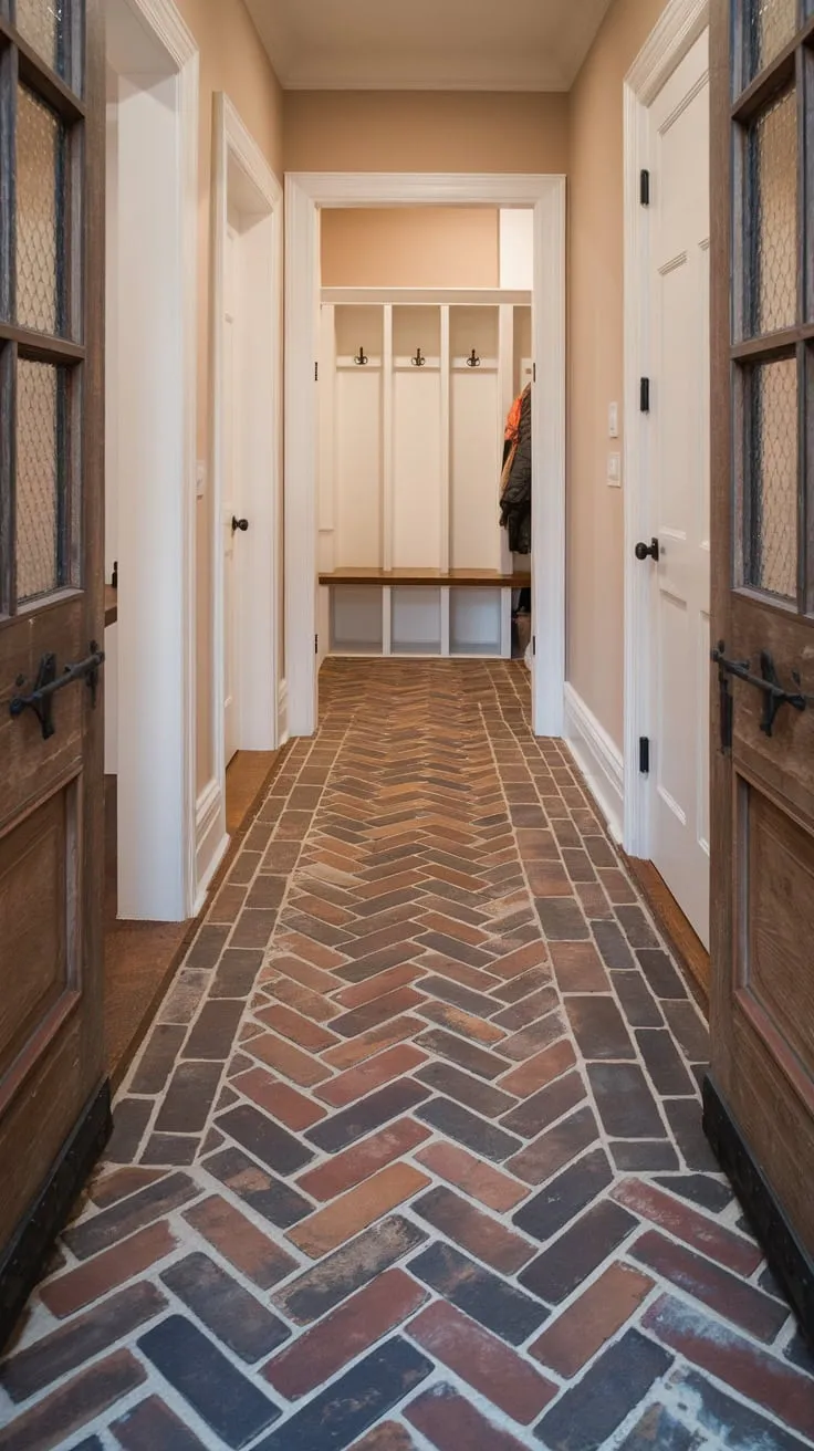 Rustic charm abounds as herringbone brick and wood tile flooring flows seamlessly from entryway through hallway and into a mudroom.