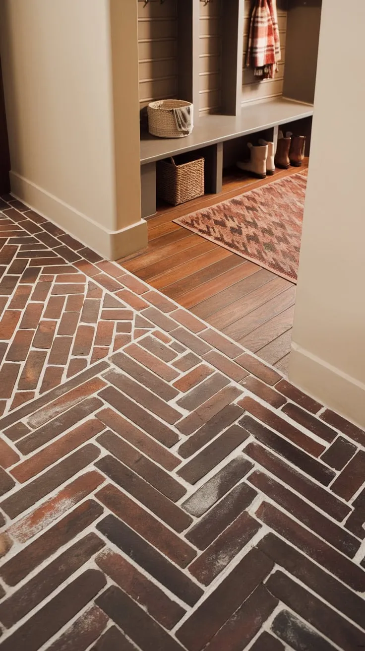 A stylish herringbone wood and brick floor anchors a cozy hallway and mudroom, enhanced by warm beige walls and inviting accessories.