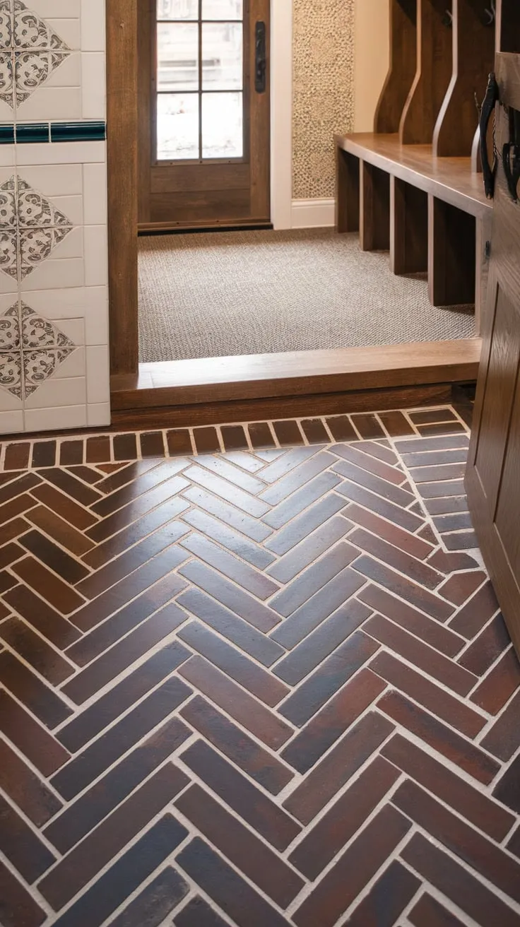 Elegant herringbone brick flooring flows from a tiled entryway through a wood-accented mudroom to a carpeted comfort zone near the door