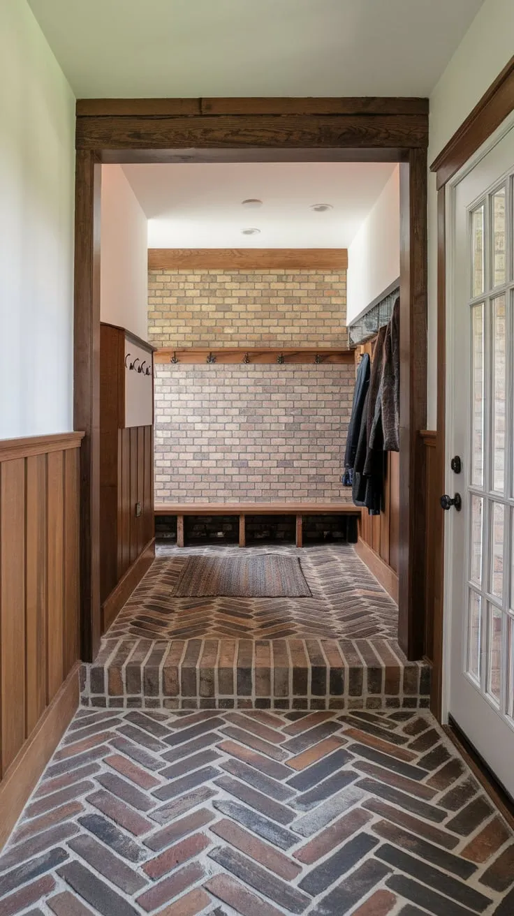 A charming hallway boasts herringbone brick and wood flooring extending into a mudroom, accented by a wooden beam and cozy rug.