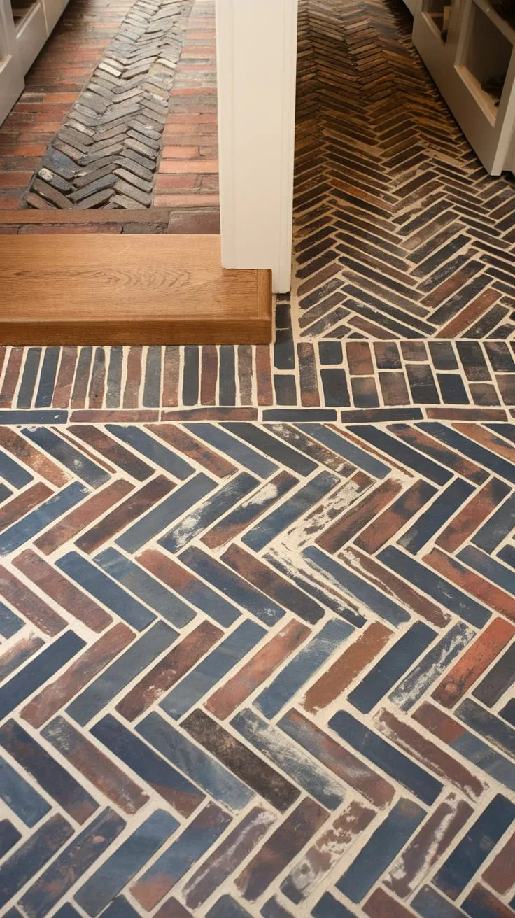 Rustic charm fills the home with a continuous herringbone pattern flowing from brick and wood hallway flooring through the entryway and into a brick mudroom.