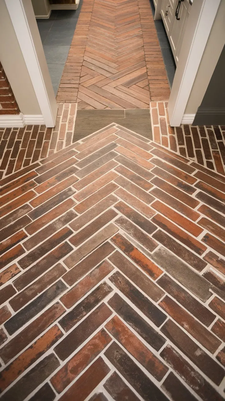 A charming hallway boasts a herringbone pattern of brick and wood tiles, blending rustic warmth with sophisticated design.