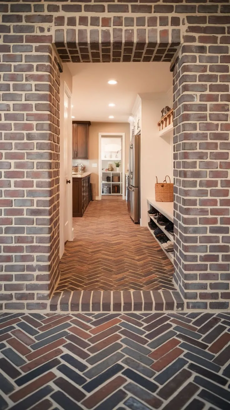 Warm earthy tones define a stunning herringbone brick and wood hallway floor extending seamlessly into the kitchen and mudroom.