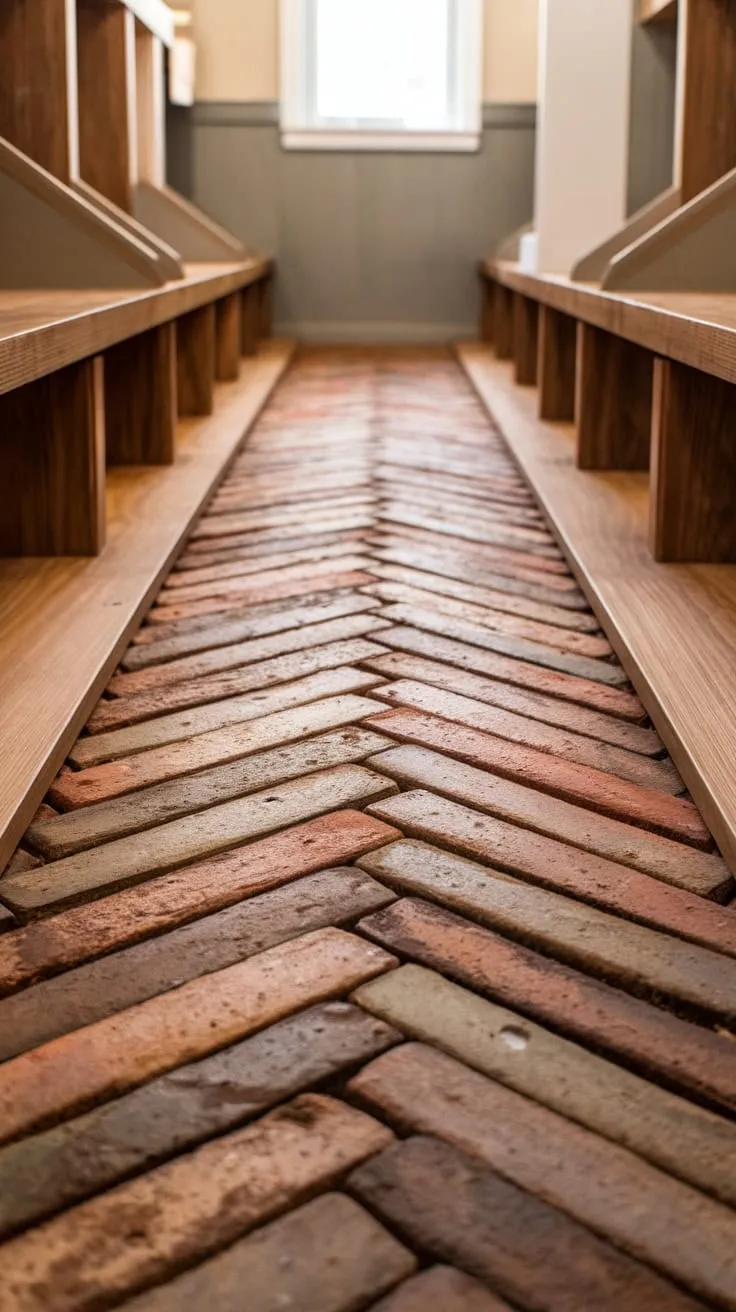A bright hallway's weathered brick and polished wood herringbone floor creates a charming mudroom entry.